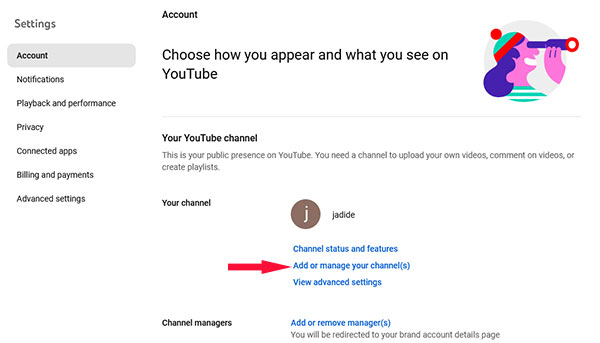 افزودن یا مدیریت کانال یوتیوب